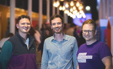 A photo of Matt Corbidge, Director of Eagle Labs, Mike Paton, Director of Engine Shed, and Ben Shorrock, Director of techSPARK at an event at Engine Shed