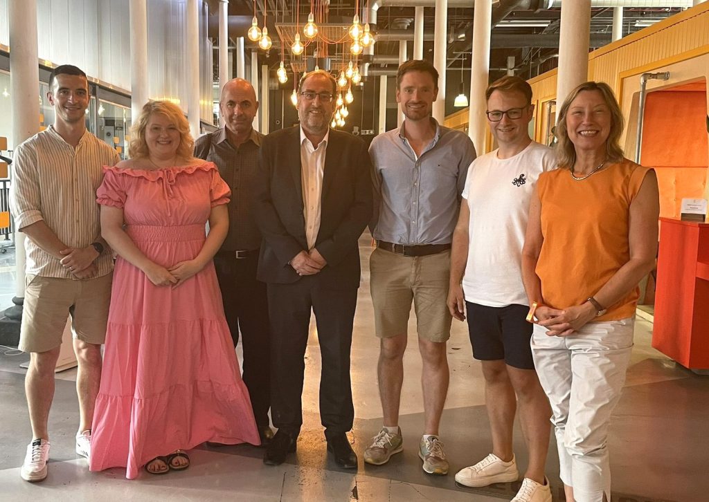 Jack Stanbury, Kimberley Brook, Rupert Owen, Tony Dyer, Mike Paton, Ben Shorrock, and Tamsin Denbigh in the Engine Shed Members' Lounge